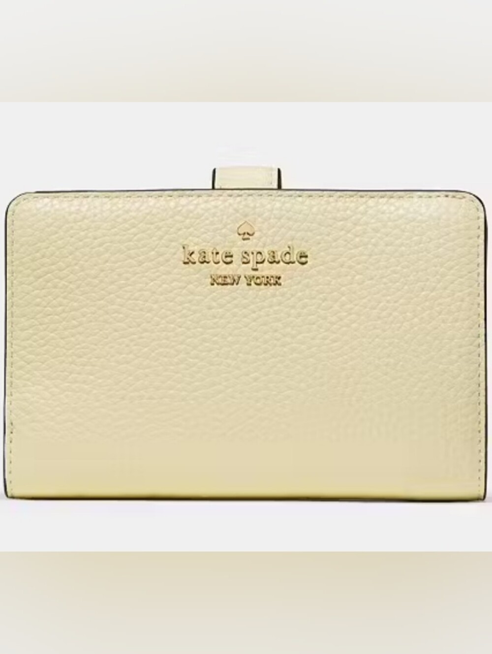 kate spade pale yellow pebbled leather bifold wallet with gold logo